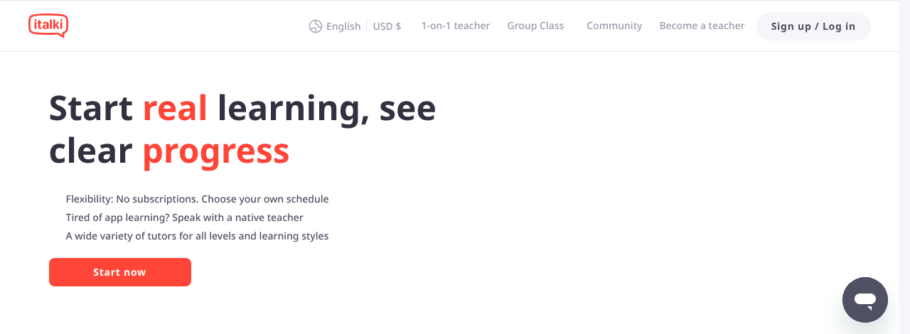 italki public website describing flexible one-to-one language lessons and tutor choice