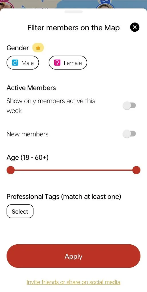 You can filter the profiles by gender, age, active members, and new members on the map.