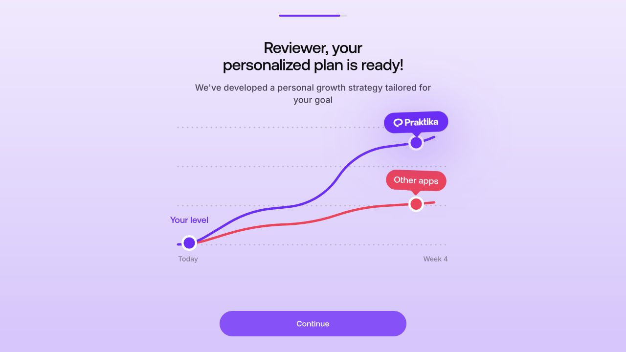 Praktika onboarding screen presenting a personalized four-week plan and a comparison with other apps