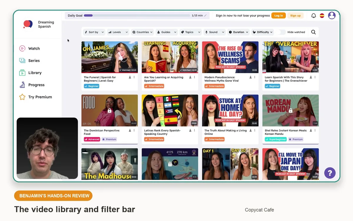 Benjamin reviewing the Dreaming Spanish video library and filters