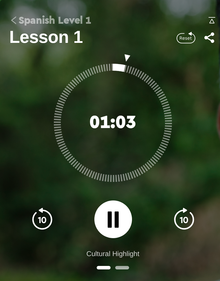 Pimsleur Spanish Lesson 1 audio player with playback and ten-second controls