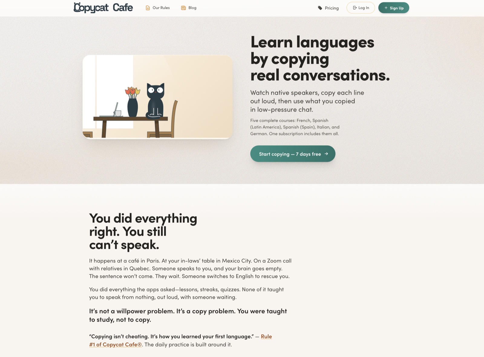 Copycat Cafe homepage showing the Watch, Copy, Chat speaking method and five complete courses: French, Spanish (Latin America), Spanish (Spain), Italian, and German
