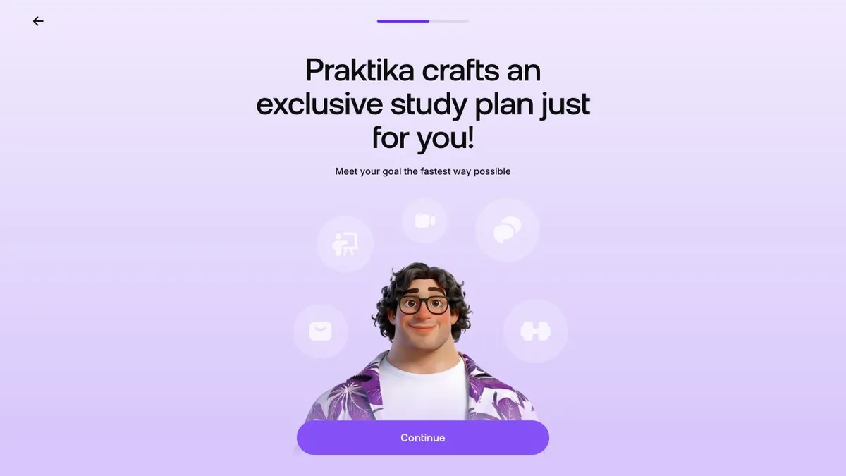 Praktika onboarding screen saying it is creating an exclusive study plan for the learner