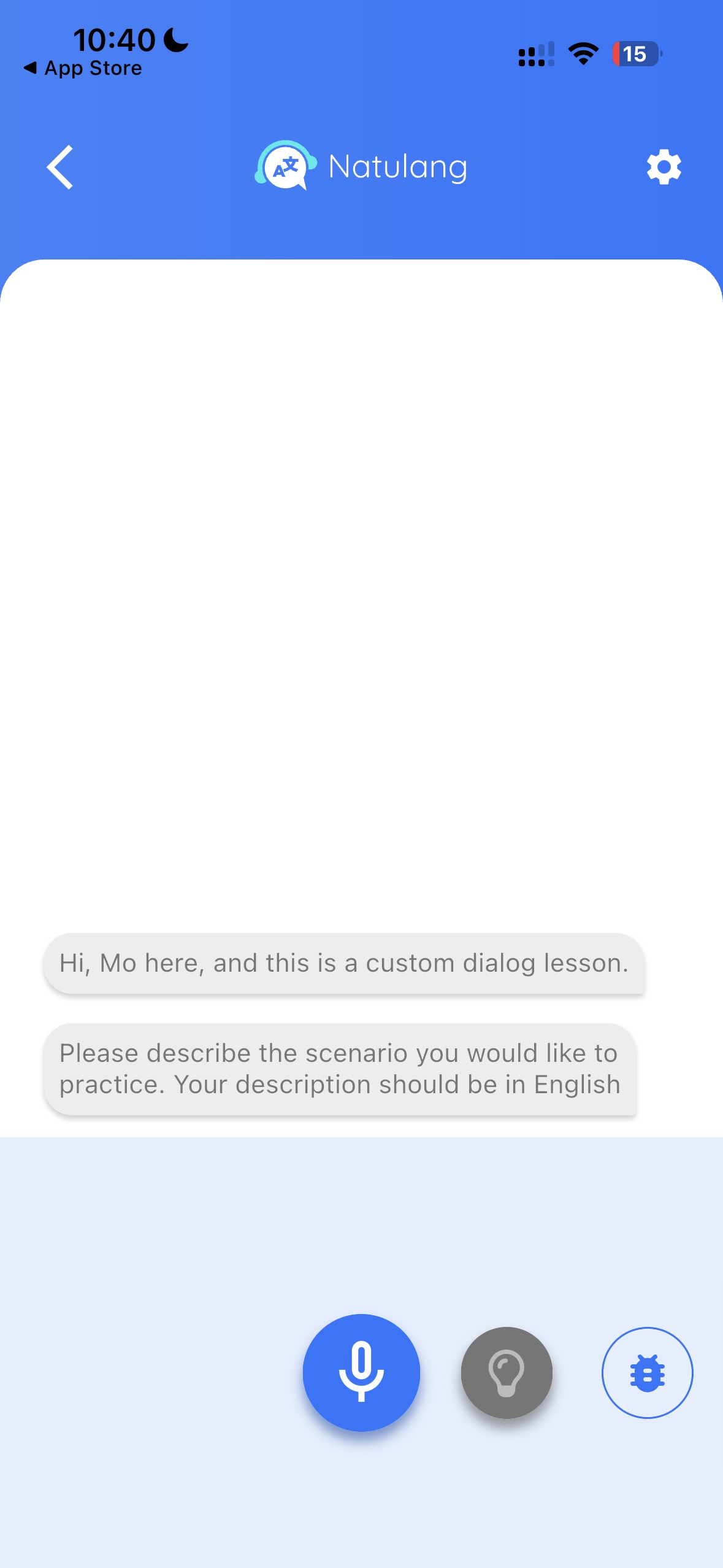 Natulang Free Dialog asking for a custom practice scenario in English