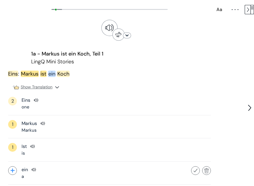 LingQ German Sentence View with highlighted vocabulary, word controls, and audio buttons