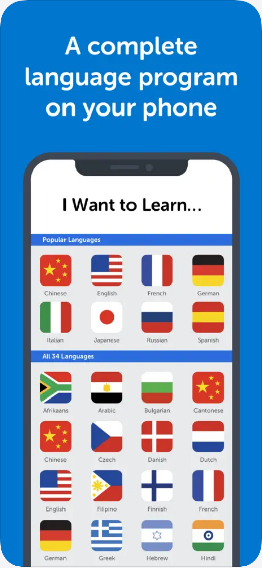 Innovative Language Learning mobile app language selector including Italian