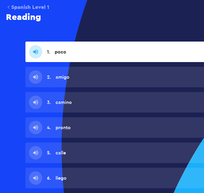 Pimsleur Spanish Reading practice with six short Spanish words and individual audio controls