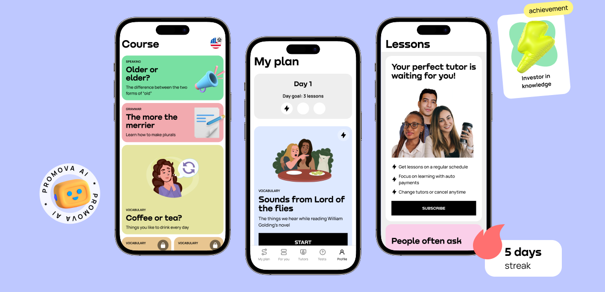 Promova app screens showing bite-sized course cards, a personalized daily plan, tutor options, and a five-day learning streak.