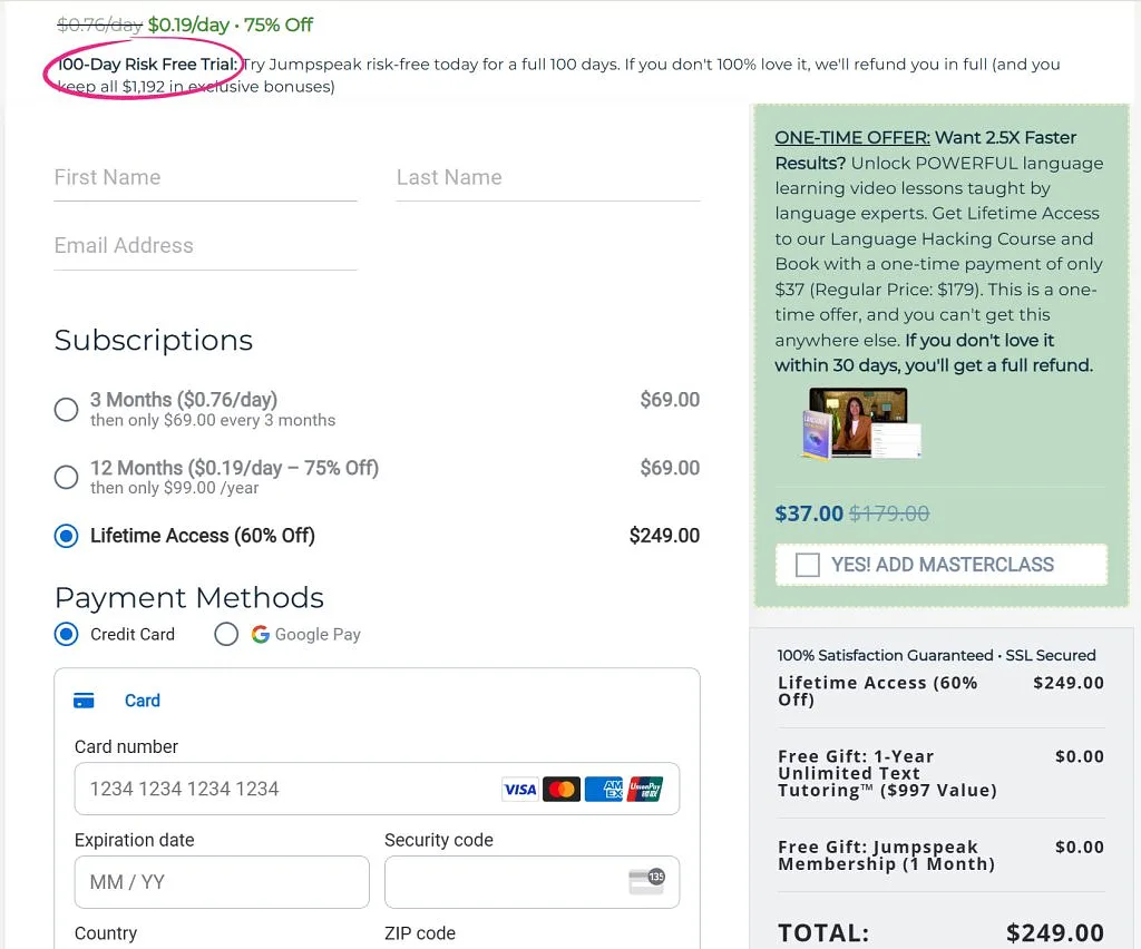 Jumpspeak offers a 3-month, annual, and lifetime plans
