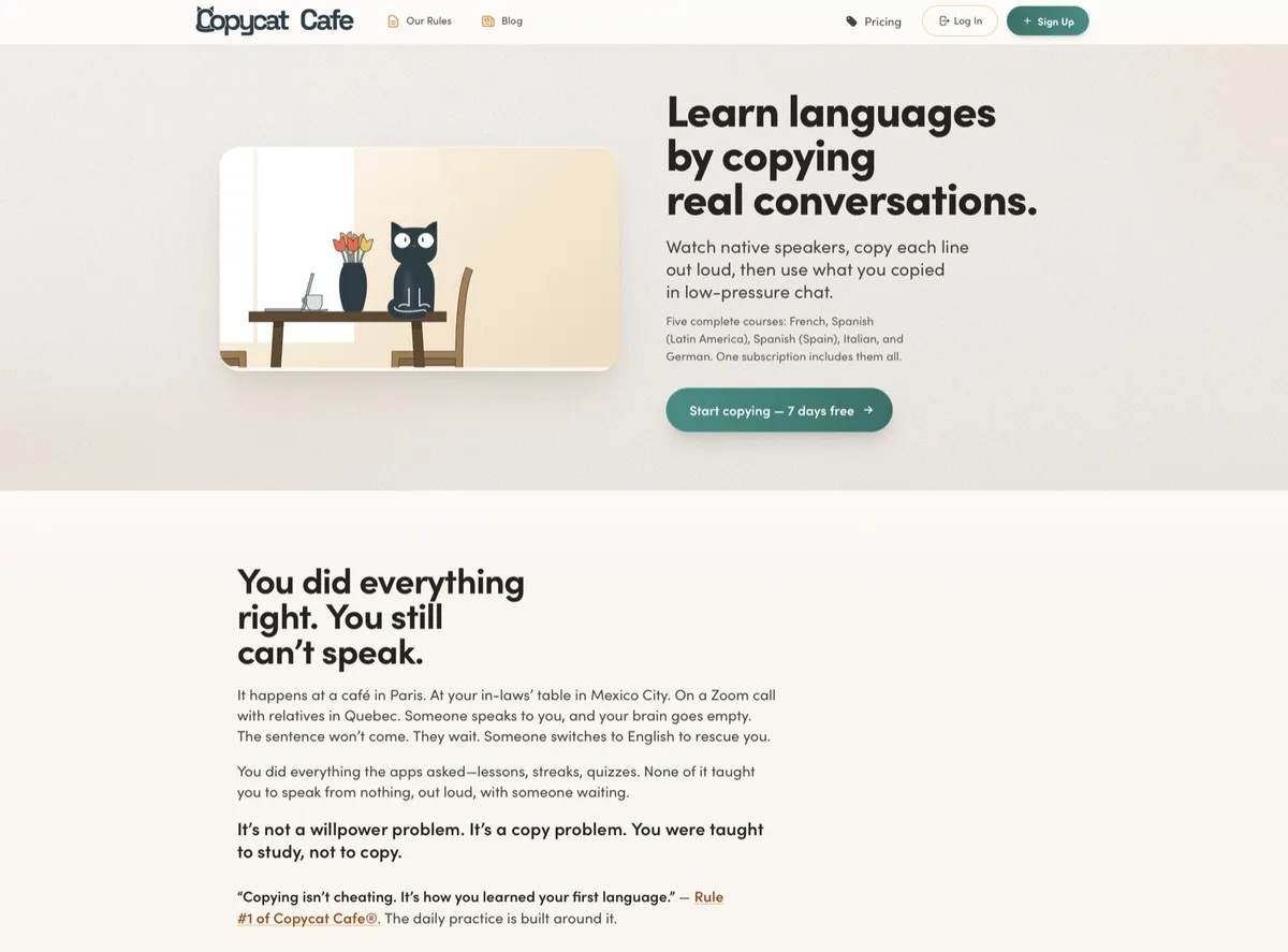 Copycat Cafe homepage showing the Watch, Copy, Chat speaking method and five complete courses in French, Spanish, Italian, and German