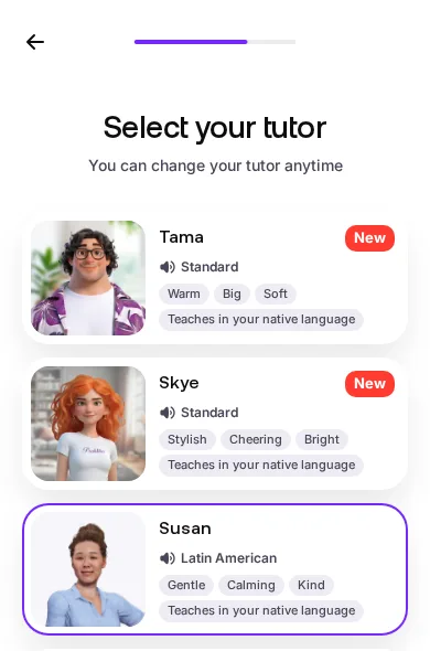 Praktika Spanish tutor picker showing Standard and Latin American tutor labels