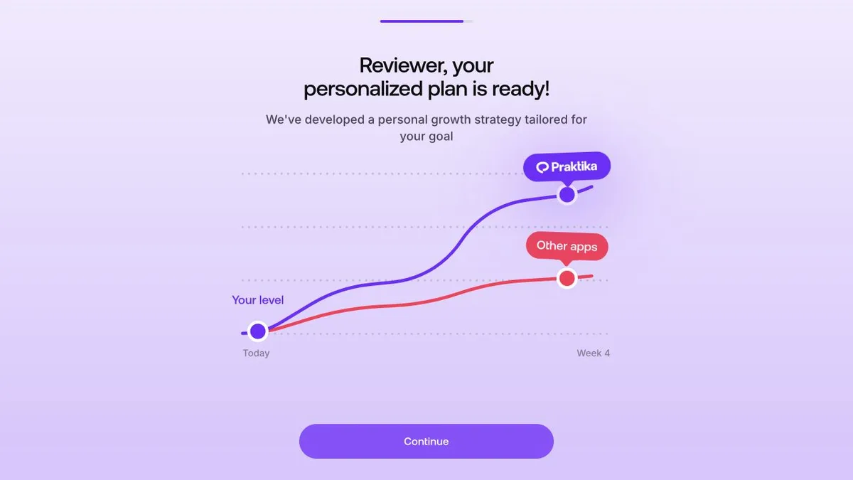 Praktika onboarding screen presenting a personalized four-week plan and a comparison with other apps
