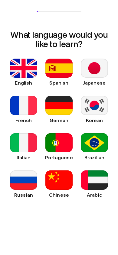 Praktika onboarding screen showing twelve available study-language options in August 2026