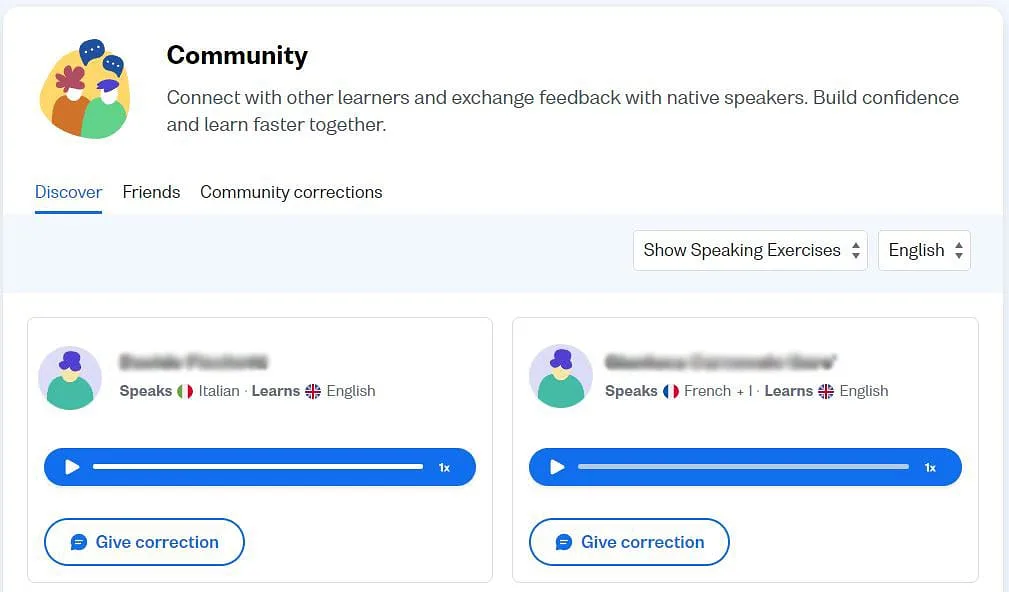 Busuu's community page allows you to connect with other learners and exchange feedback