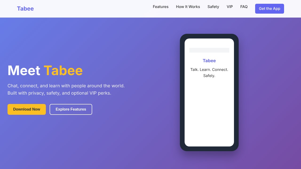 Tabee official homepage showing its messaging, matching, privacy, and optional location features