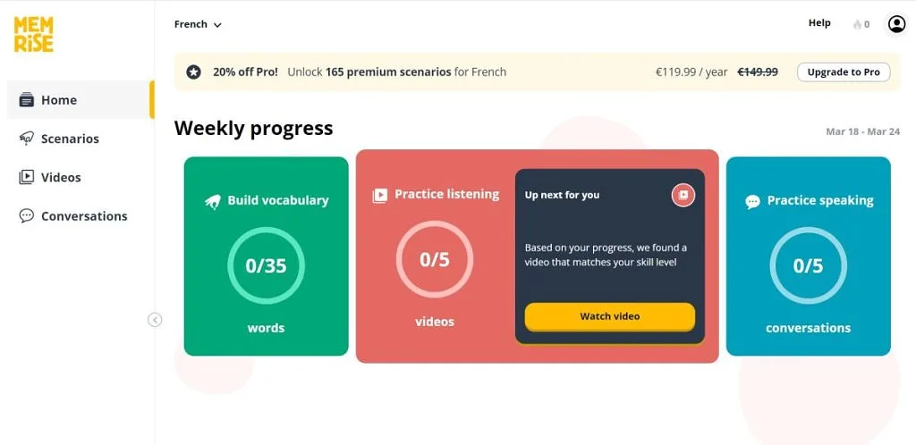 Memrise personalized homepage displaying learning progress, upcoming lessons, and course recommendations