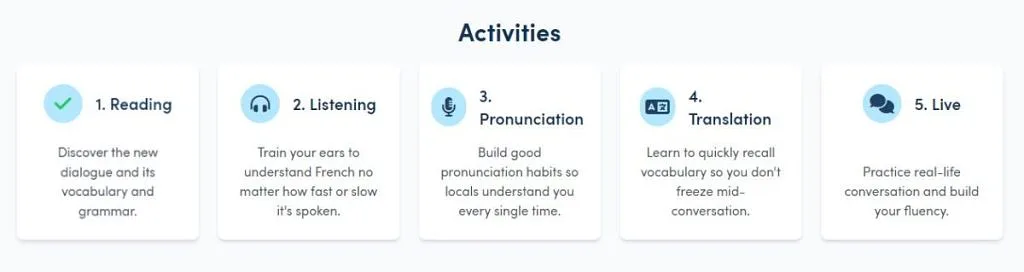 In Copycat Cafe, you can learn the language through various activities such as reading, listening, pronunciation practice, translation, and interacting with a chatbot.