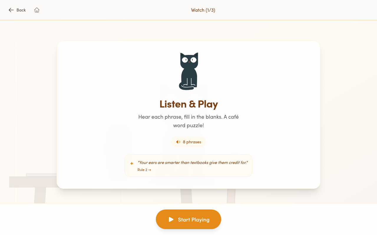 Copycat Cafe German lesson Watch step showing the Listen & Play interface with eight cafe phrases