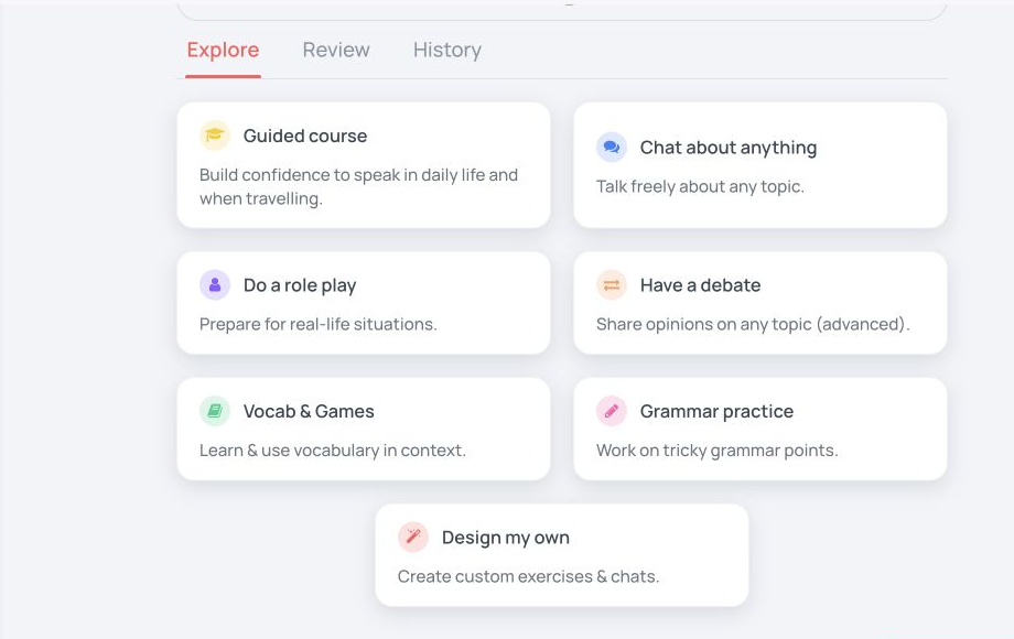 Langua’s current web conversation menu showing guided course, open chat, role play, debate, vocabulary games, grammar practice, and custom activities.