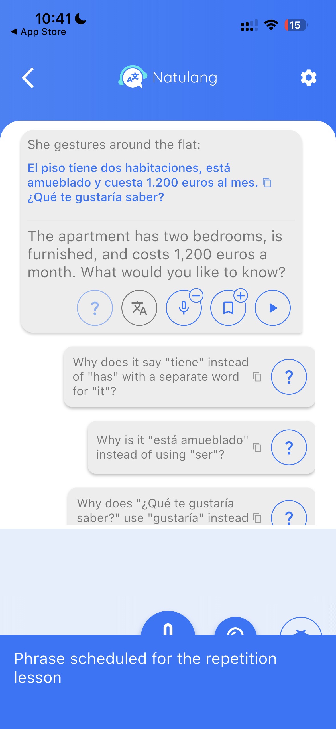Natulang dialogue translation, suggested grammar questions, and repetition control