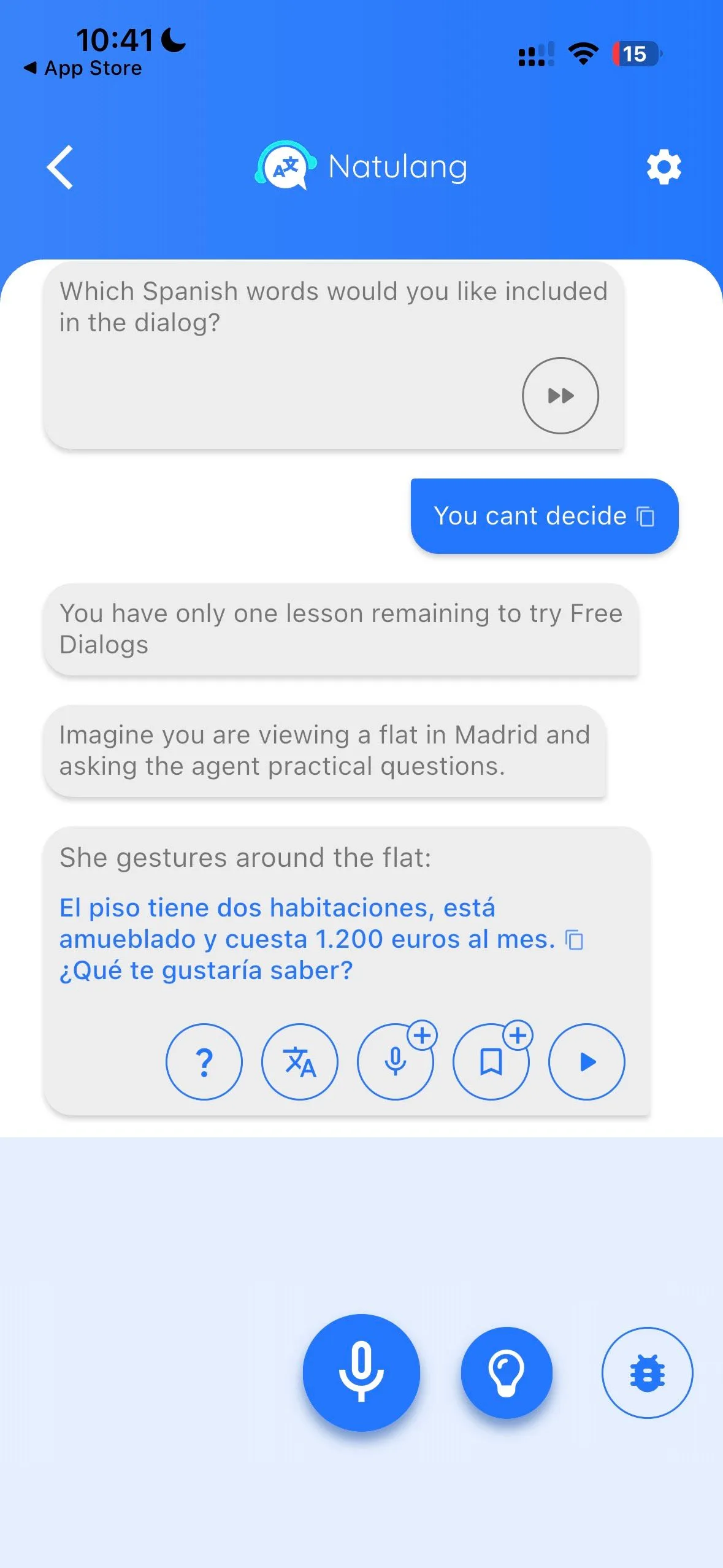 Natulang iPhone Free Dialog showing a furnished-flat scenario in Madrid