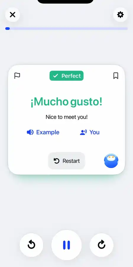 Speak feedback screen showing a Perfect result for ¡Mucho gusto! with Example and You playback buttons