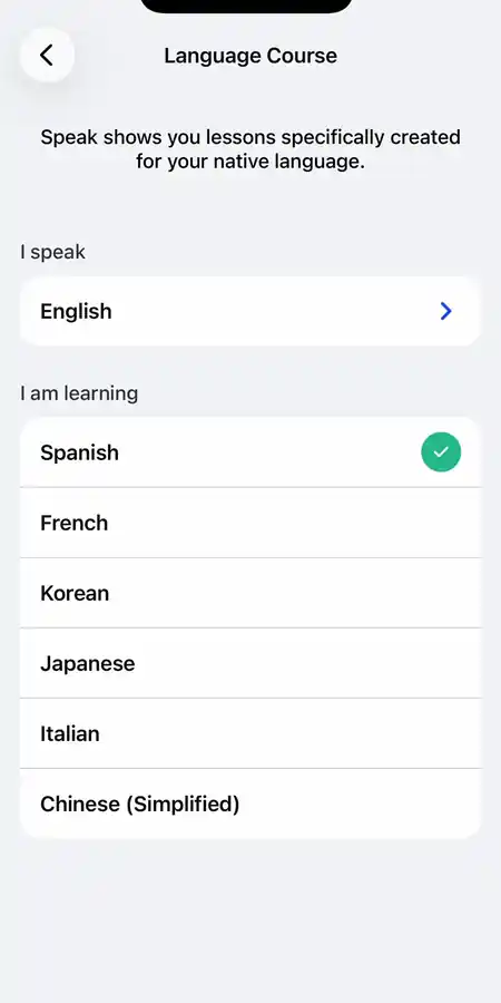 Speak Language Course screen with English selected under I Speak and six available target languages
