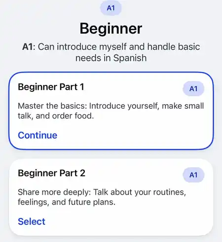 Speak Spanish course showing the complete A1 Beginner section and Beginner Parts 1 and 2