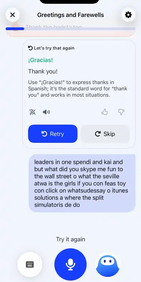Speak showing Let’s try that again after unrelated English speech was transcribed as nonsensical Spanish text