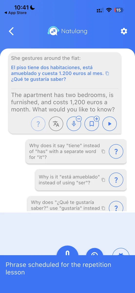 Natulang dialogue translation, suggested grammar questions, and repetition control