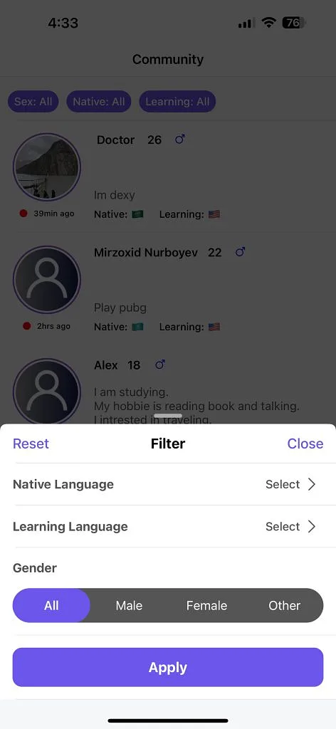 Tabee allows you to filter the users by native language, learning language, and gender.