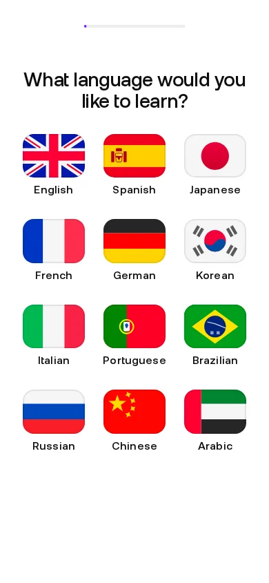 Praktika onboarding screen showing twelve available study-language options in August 2026