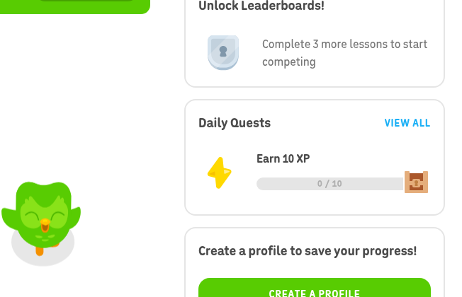 Duolingo interface showing leaderboards, daily quests, and XP used for gamified habit building
