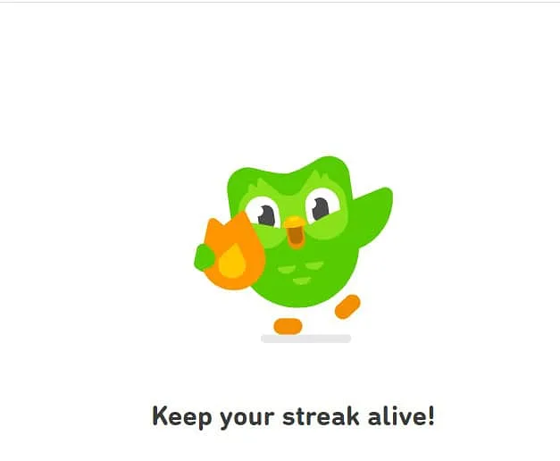 Duolingo mascot Duo the owl holding the flame-shaped streak symbol with the words Keep your streak alive! written below him.