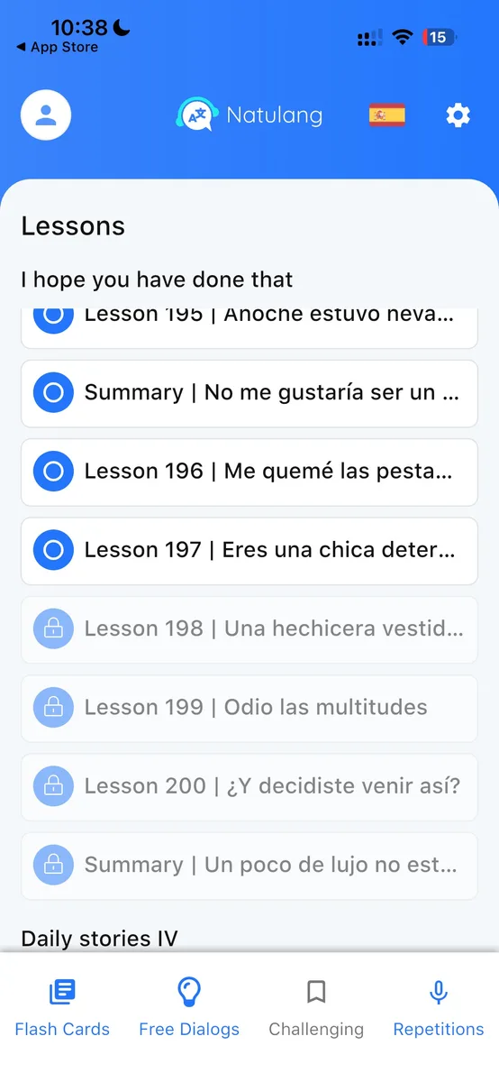 Natulang Spanish lesson list with unlocked and locked lessons plus four practice modes